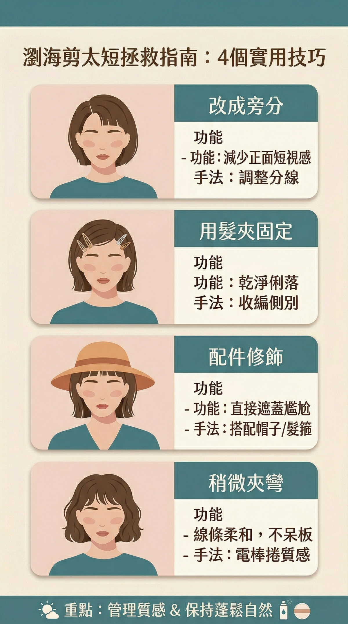 瀏海剪太短的整理技巧教學資訊圖表，展示旁分、髮夾收髮、配件修飾及微捲造型等4種緩解尷尬期的實用方法。