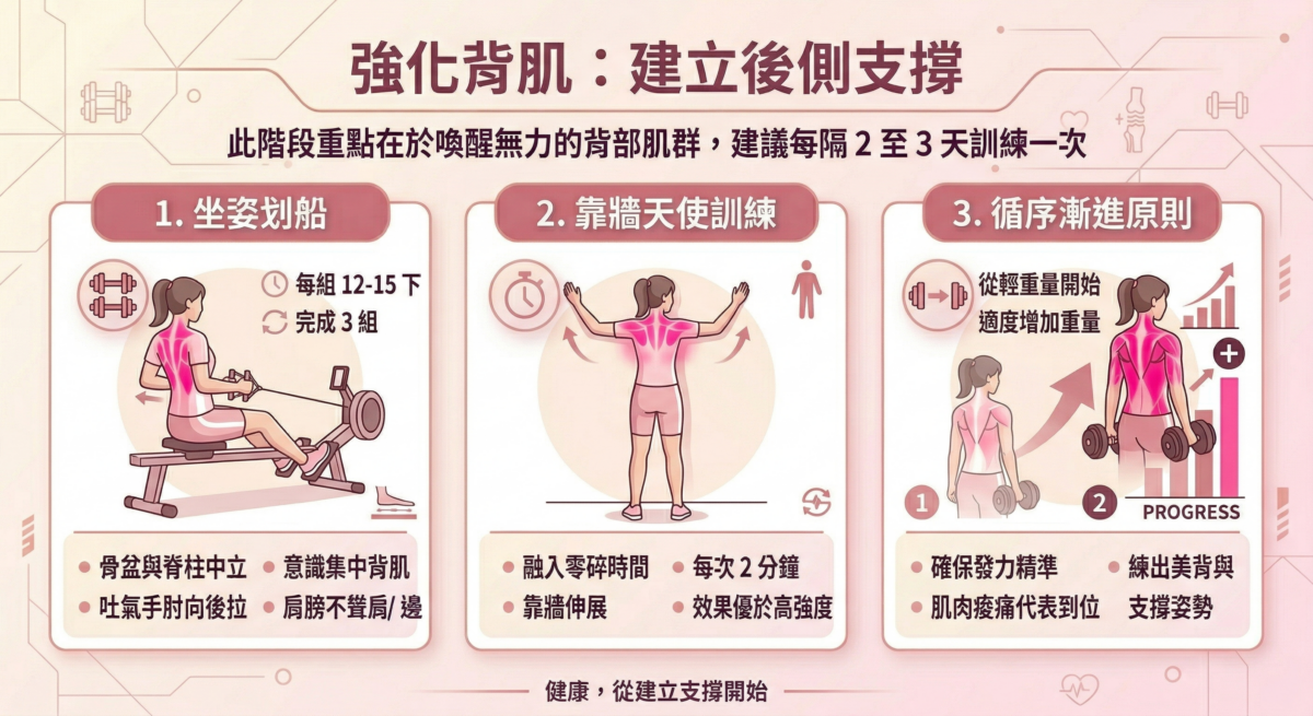 此階段重點在於喚醒無力的背部肌群，建議每隔 2 至 3 天訓練一次。