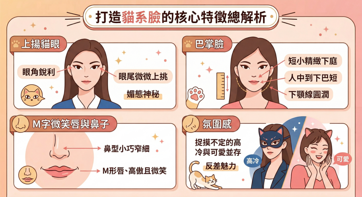 貓系臉特徵解析圖：包含上揚貓眼、巴掌臉比例、M字微勾唇與小巧鼻型，以及兼具高冷與可愛的氣質分析。