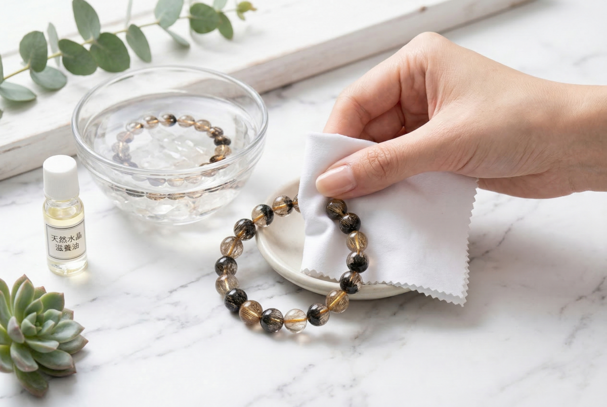 黑金超七的淨化與保養不需要太複雜，平時可用白水晶碎石、晶簇、月光或煙薰等較溫和的方式淨化，再配合軟布擦拭、單獨收納及避免化學品、高溫與碰撞，通常已經很足夠。