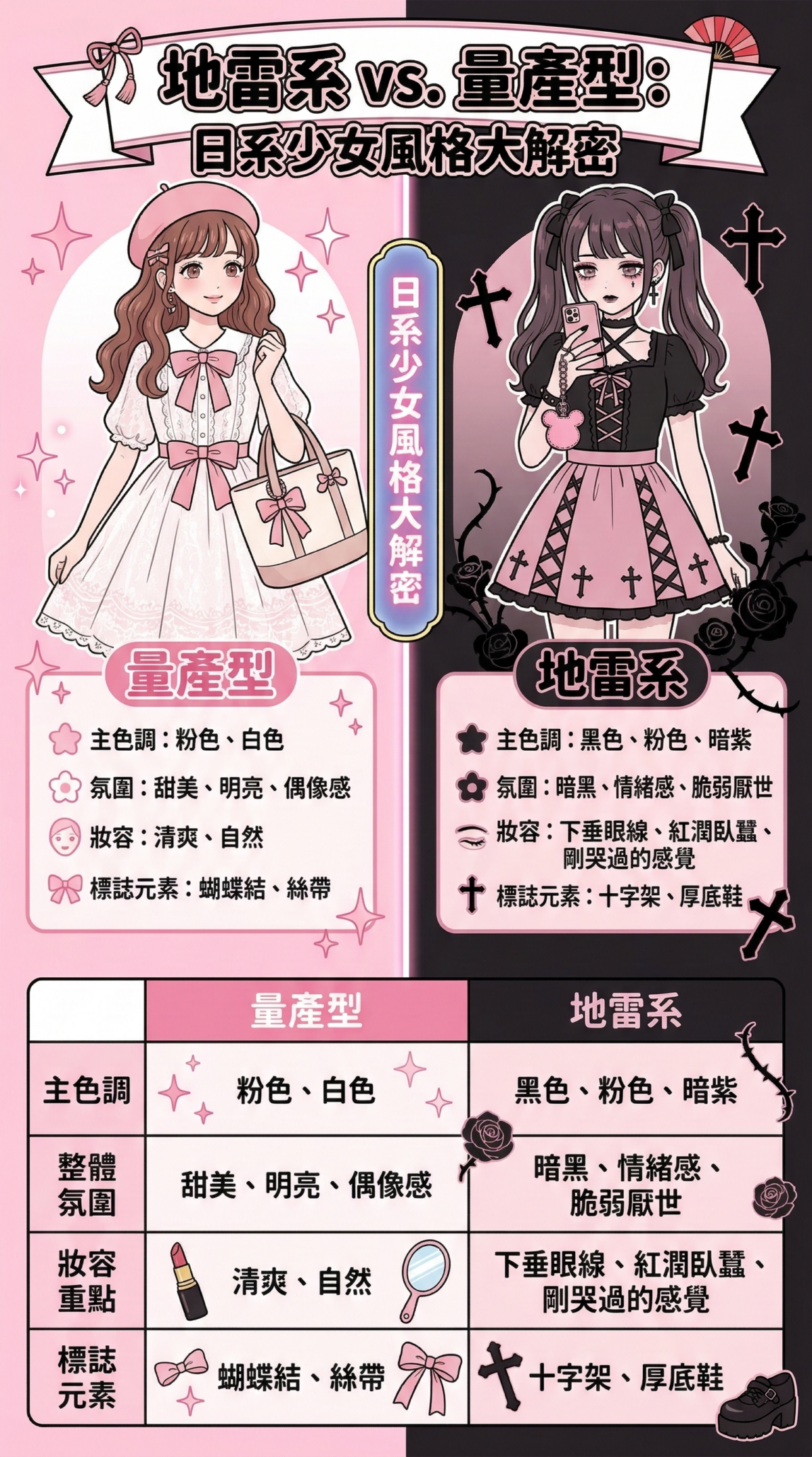 地雷系與量產型風格對比圖,詳細列出量產型的粉白明亮甜美風,與地雷系的黑粉暗黑情緒感在配色、眼妝及整體氛圍上的差異。