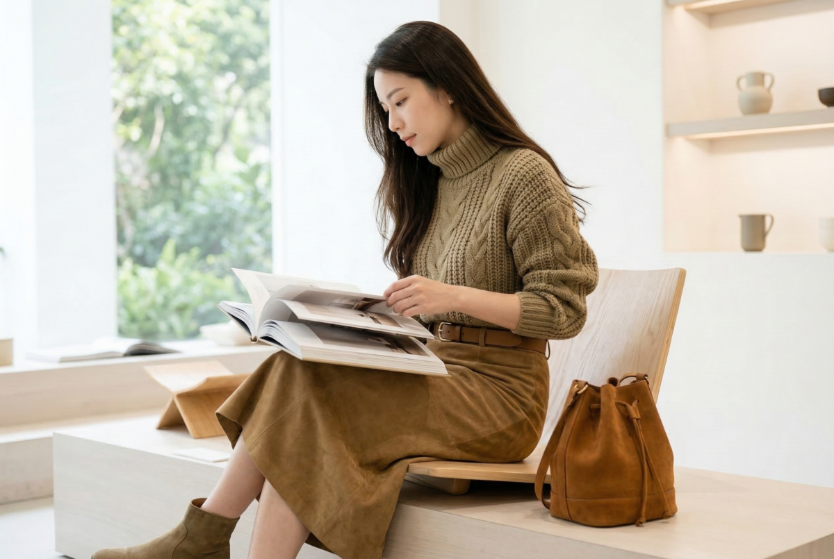 啡色褲想穿得不沉悶，關鍵在於用上緊下寬拉出俐落比例，再透過丹寧、針織或皮革等異材質混搭提升層次感。