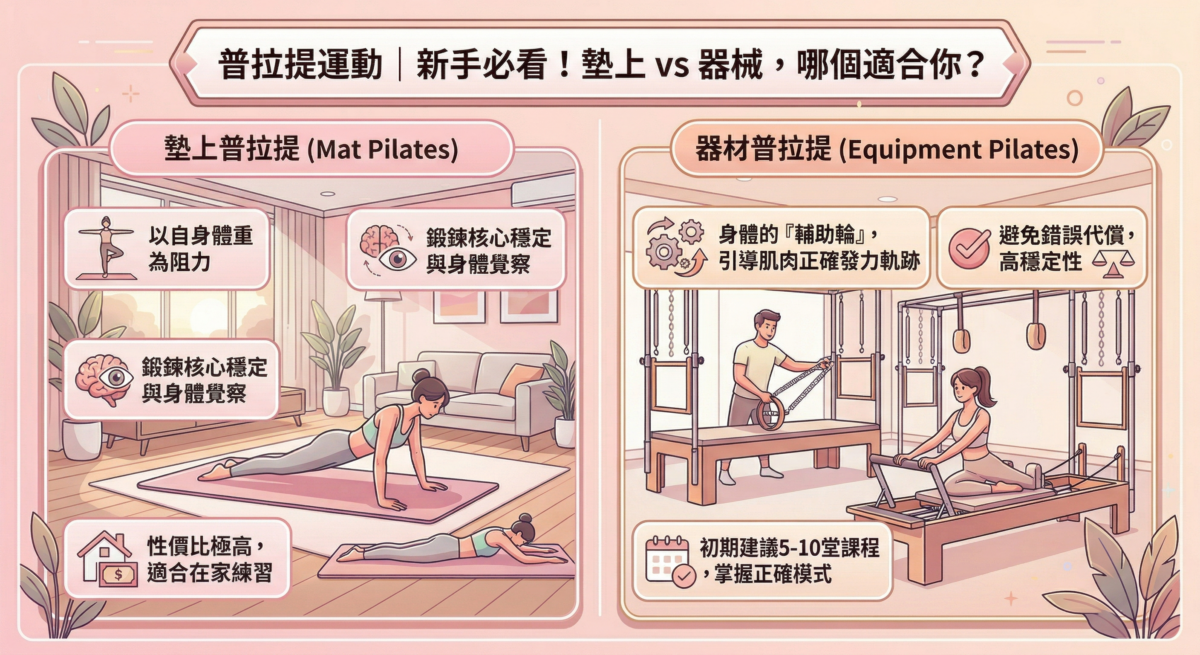 普拉提新手面對眾多課程選擇，最常遇到的問題是該從墊上還是器械練習開始。