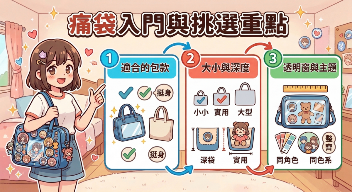 第一次買痛袋,先看包款大小、深度和透明窗設計,再用清楚主題和整齊配搭慢慢入門。