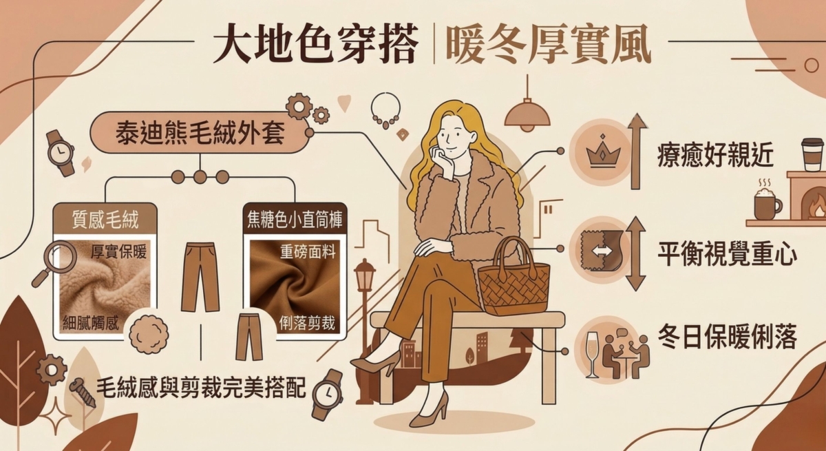 毛絨絨的視覺感能給人一種療癒且好親近的溫暖氛圍，搭配飽和度高的焦糖色長褲平衡視覺重心。