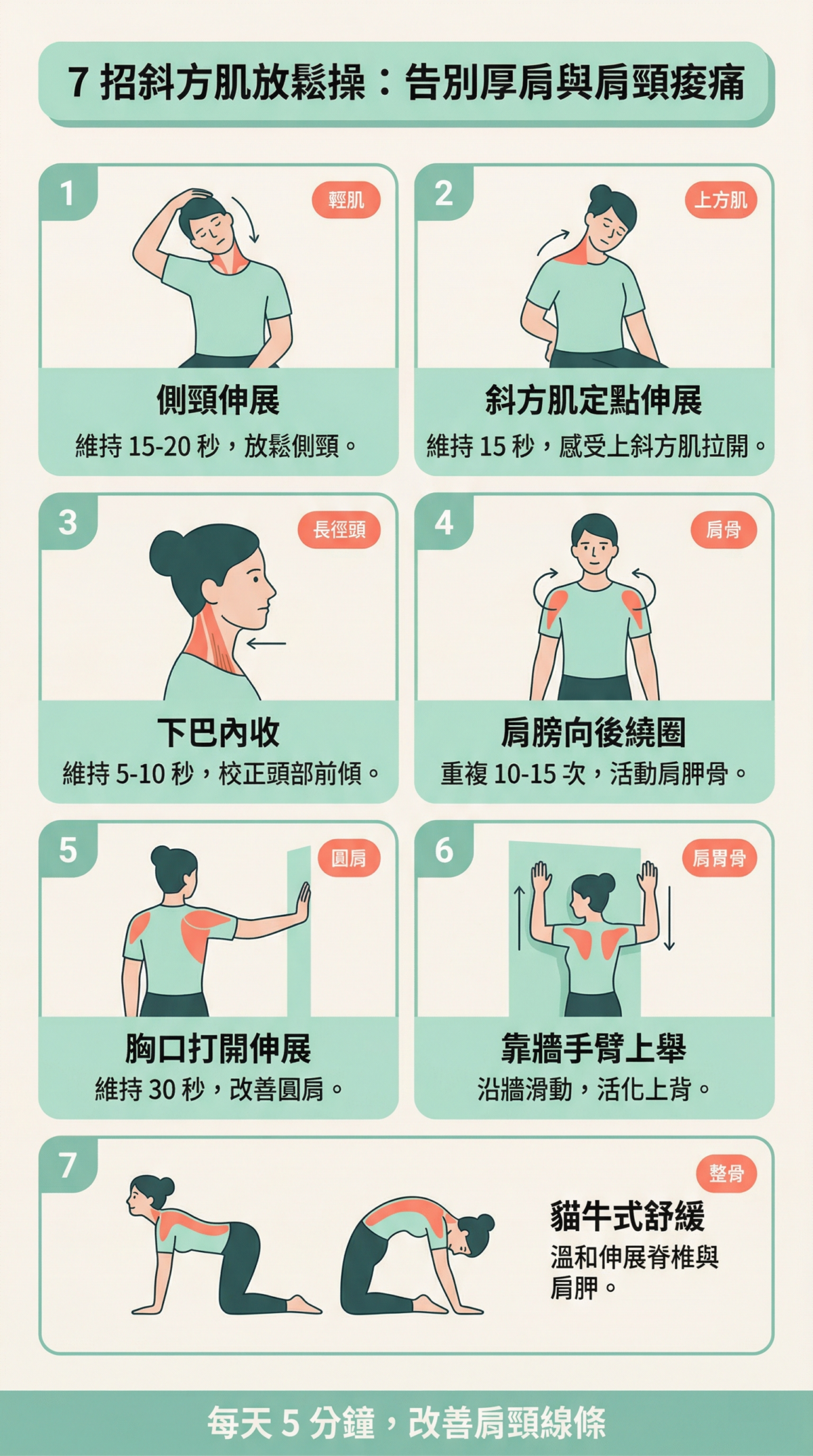 7個簡單斜方肌放鬆動作教學資訊圖表，包含側頸伸展、下巴內收、肩膀後繞及貓牛式，圖解如何透過居家伸展改善厚肩、聳肩與肩頸痠痛。
