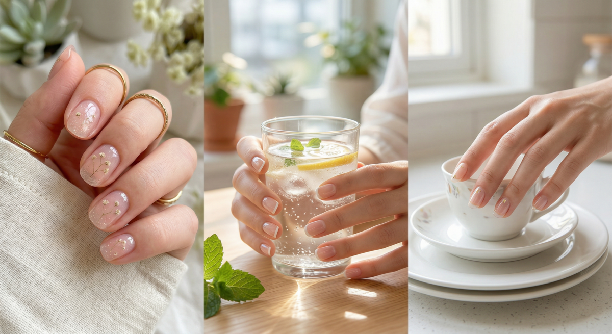 短甲指甲彩繪推薦｜溫柔顯白款：透明感果凍甲。