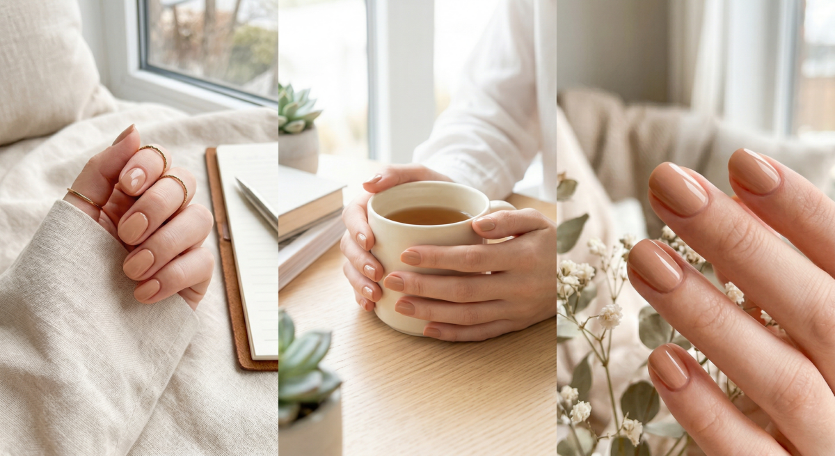 短甲指甲彩繪推薦｜溫柔顯白款：單色奶茶短甲。