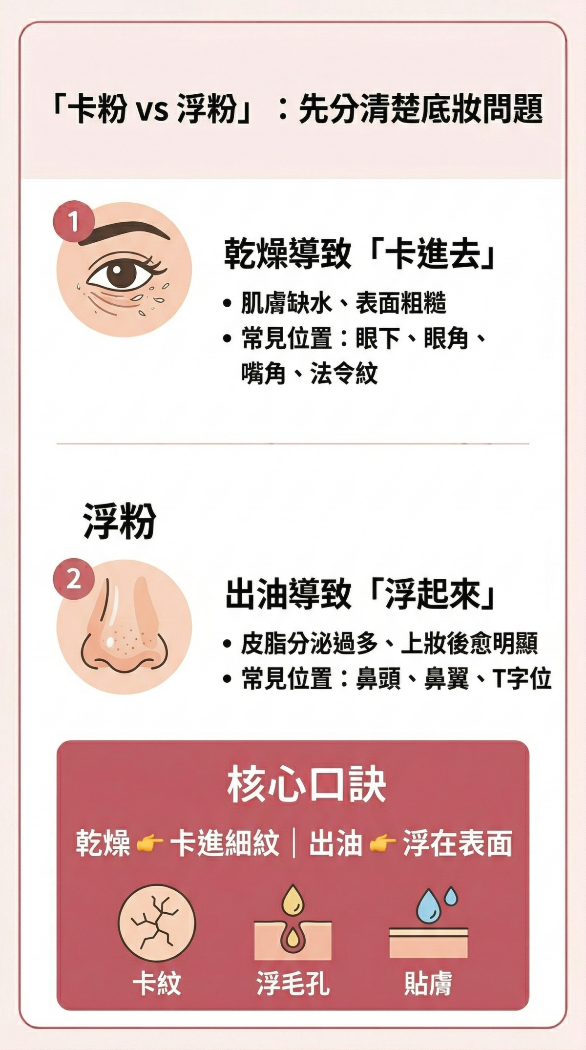 卡粉與浮粉差異對照表：左側說明卡粉源於乾燥，特徵為卡進細紋與乾裂；右側說明浮粉源於出油，特徵為底妝浮起與毛孔明顯。