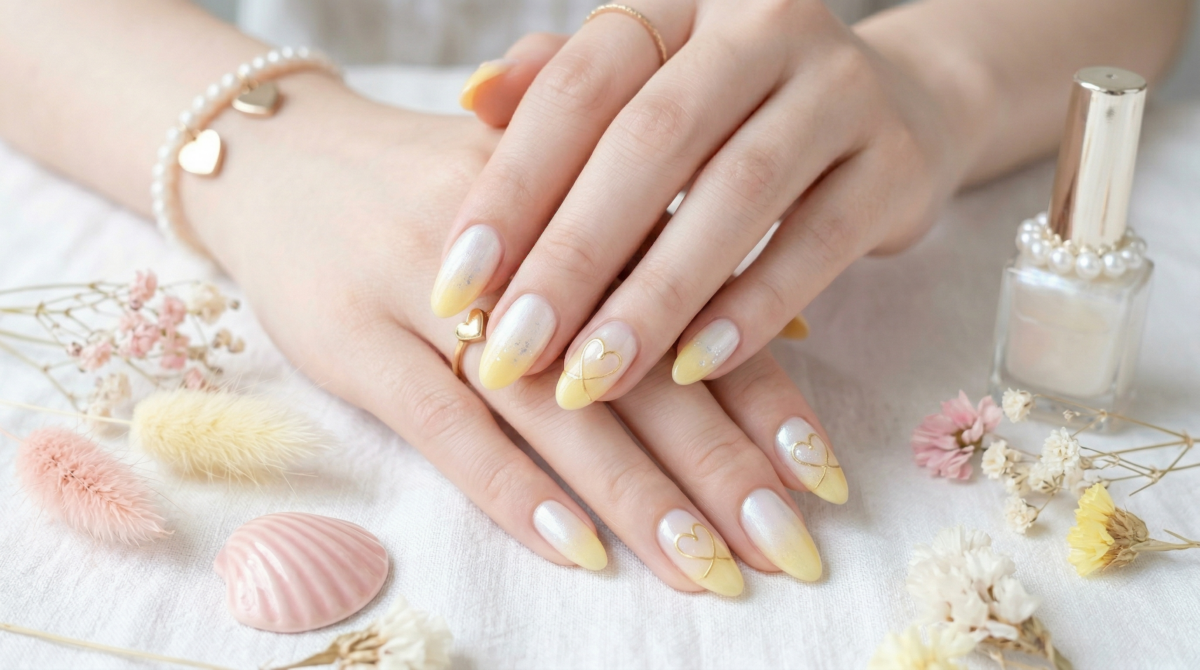 這款設計以「小雞黃」結合清透底色，由指尖向內自然暈染，營造出如陽光般的溫暖層次。