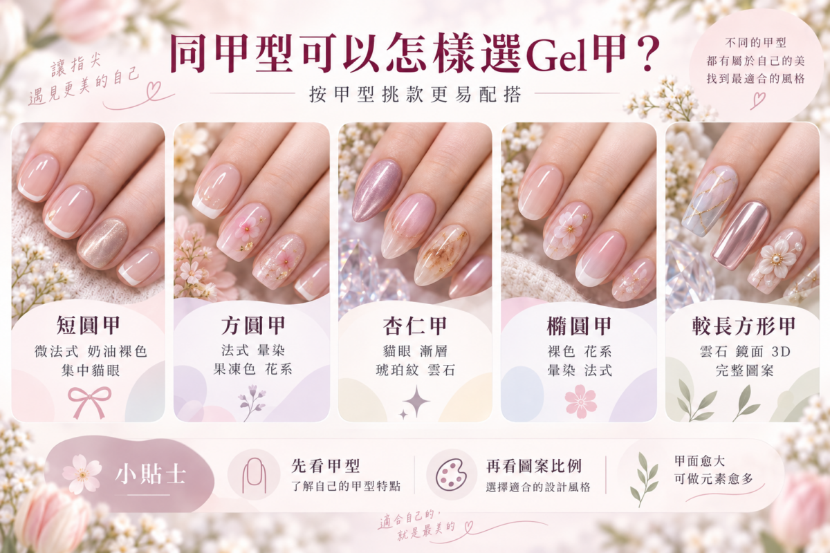 不同甲型Gel甲挑選圖表：比較短圓甲、方圓甲、杏仁甲、橢圓甲與較長方形甲的推薦美甲款式與視覺修飾建議。