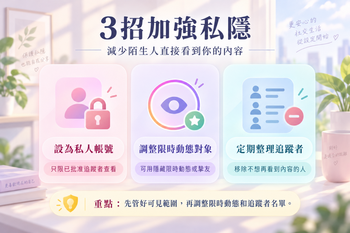 3招加強IG私隱防護指南圖解，包含設定私人帳號、隱藏限時動態與定期移除追蹤者操作重點。