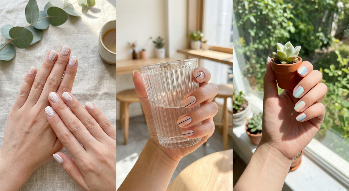 短甲指甲彩繪推薦｜極簡氣質款：垂直線條感設計。