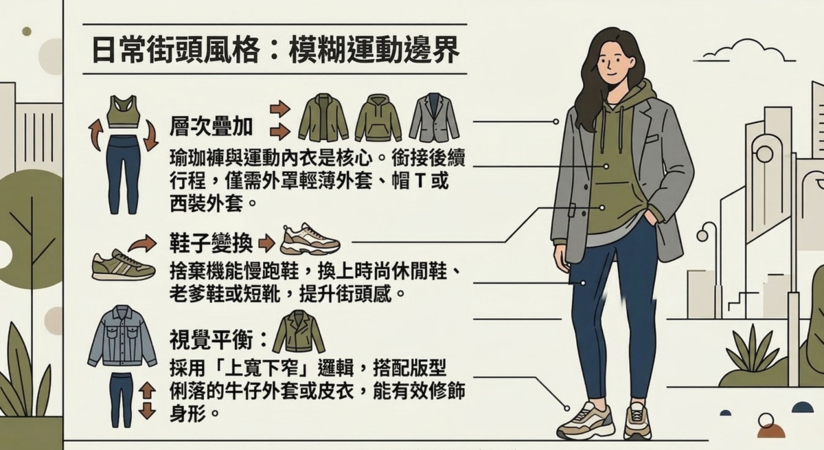 透過混搭不同風格的單品，讓瑜珈褲不再只是健身房專屬。