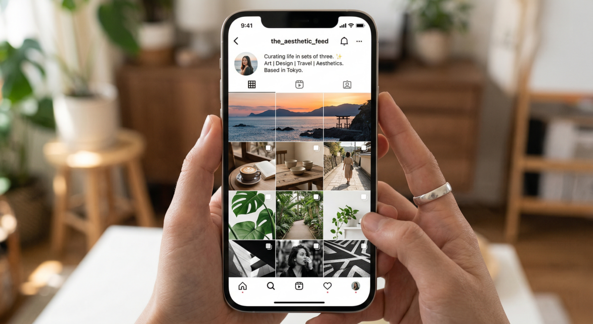 「IG 三格排版」是利用橫向三張貼文為一組的規律設計，讓妳的個人首頁呈現出如雜誌內頁般的整齊與連貫感。