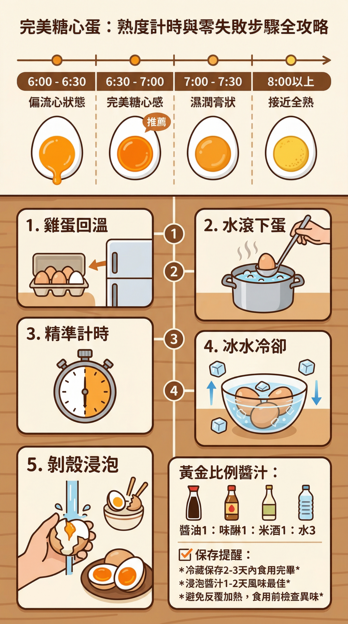 糖心蛋煮多久時間表：6分鐘流心、7分鐘完美膏狀熟度對照與零失敗5步驟流程圖，含日式醬油味醂醬汁配方比例。