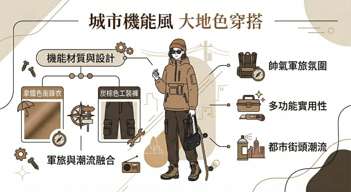 拿鐵色是大地色中帶有冷調的成員，與炭棕色結合能穿出帥氣的軍旅氛圍，兼具實用性與街頭潮流感。