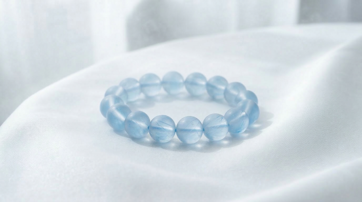 藍針水晶又叫「天使的羽毛」，在普通光線下妳可能看不見內部結構，但只要轉個角度或用強光照射，原本透明的晶體內會突然顯現出一道道細絲狀、宛如藍色羽毛般的閃光。