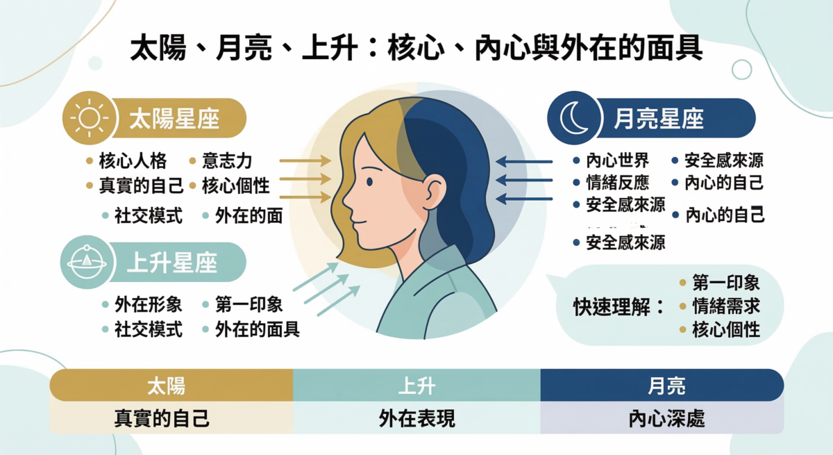 星座資訊圖，比較「太陽星座」、「月亮星座」和「上升星座」的分別。