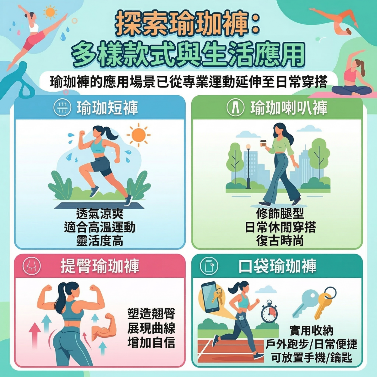 瑜珈褲的應用場景已從專業運動延伸至日常穿搭，市場上主要分為瑜珈短褲、瑜珈喇叭褲、提臀瑜珈褲及口袋瑜珈褲四類。