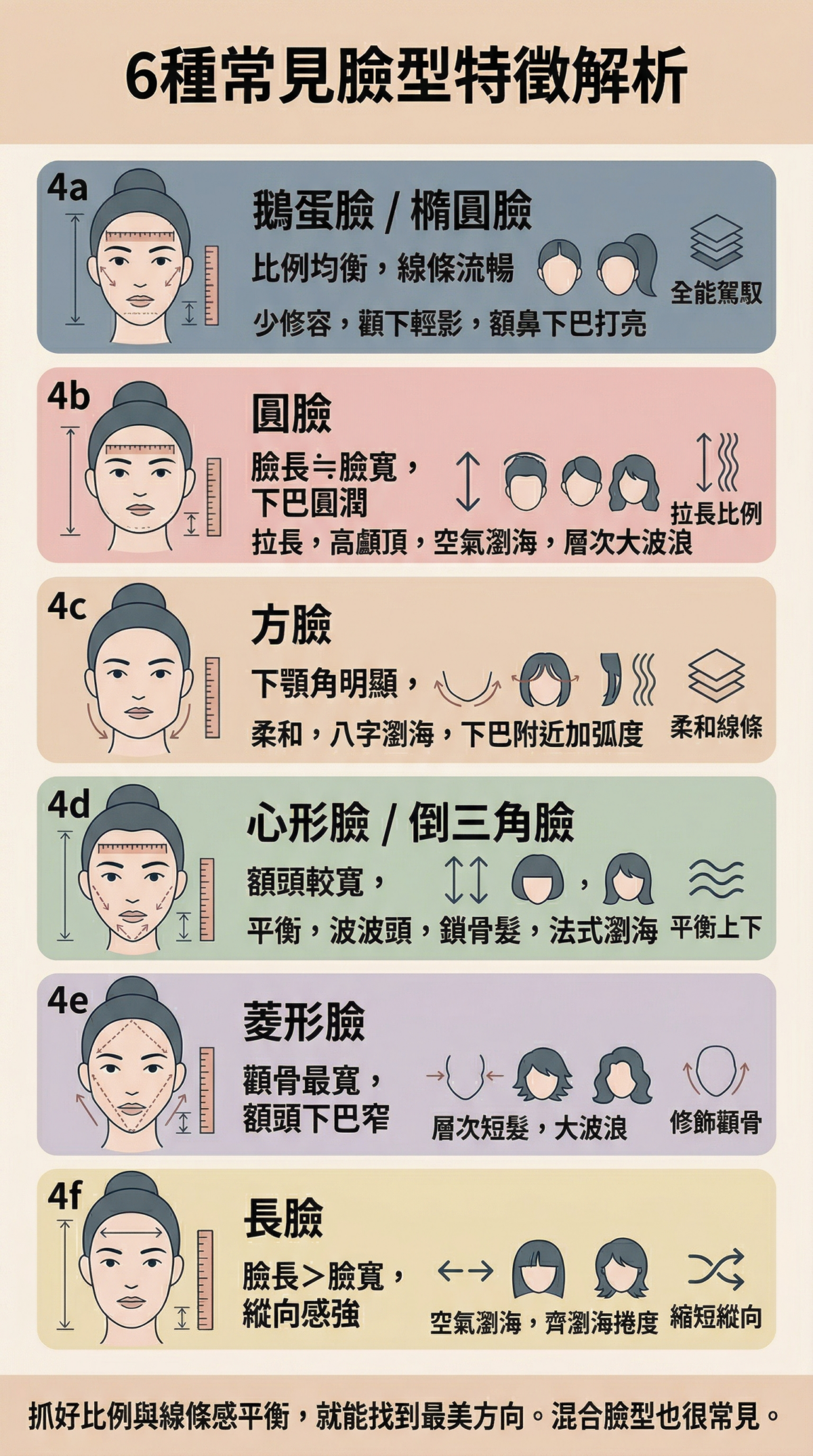 6種常見臉型特徵對照圖：包含鵝蛋臉、圓臉、方臉、心形臉、菱形臉、長臉的視覺特徵分析與髮型修容建議總覽。