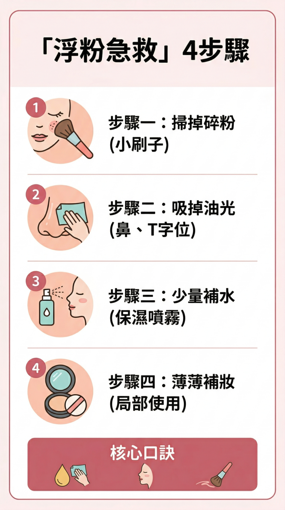 浮粉急救四步驟教學圖：包含掃除表面碎粉、吸掉 T 字位油光、噴灑保濕噴霧補水，以及最後局部薄補蜜粉，落實先去油再薄補的原則。