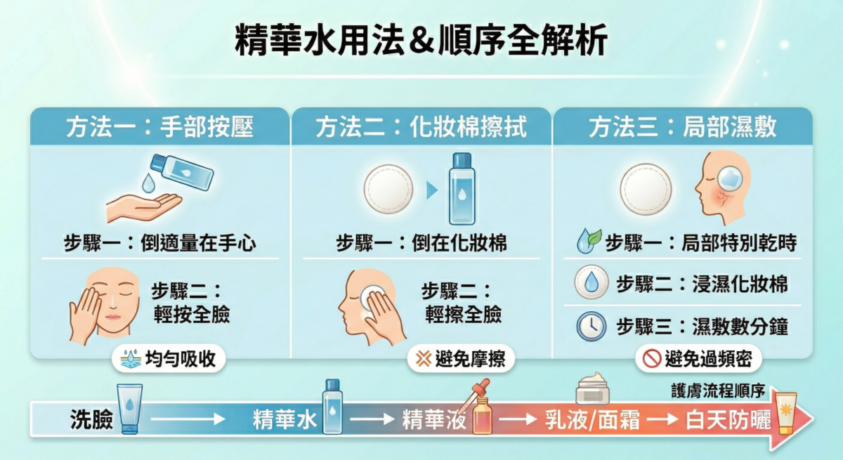 精華水保養順序流程圖，標示洗臉後、精華液前的正確步驟，並圖解手部按壓、化妝棉擦拭與局部濕敷三種精華水用法。