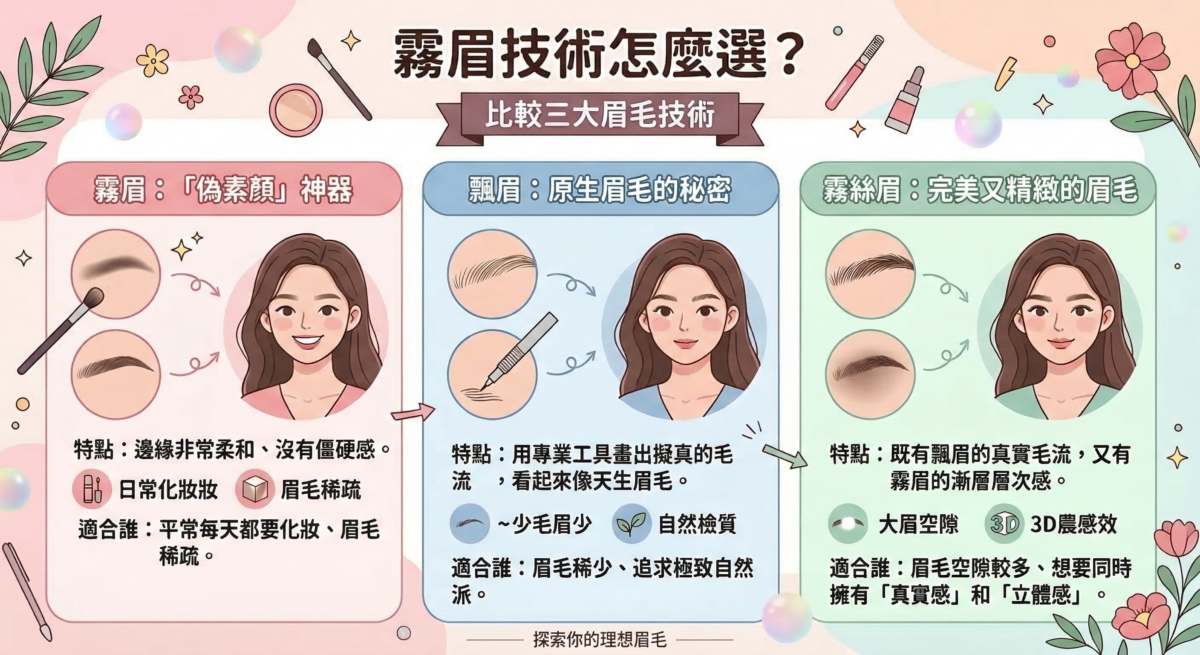 這是一張比較三大眉毛技術（霧眉、飄眉、霧絲眉）的插圖資訊圖表，詳細說明了各技術的特點、視覺效果及適合對象，旨在幫助使用者根據自身眉毛稀疏程度與妝感需求選擇理想的霧眉方案。