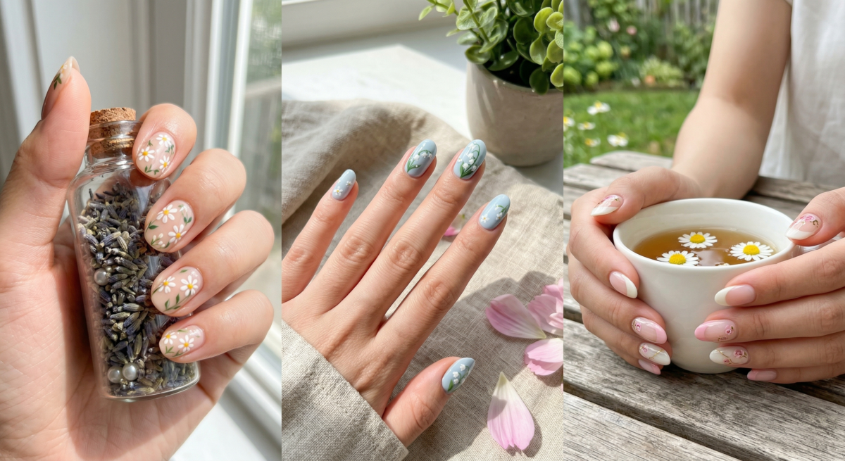 花系手繪美甲以單色底配細緻花卉點綴，風格清新柔和又有春夏感，特別適合喜歡溫柔氣質風的人。