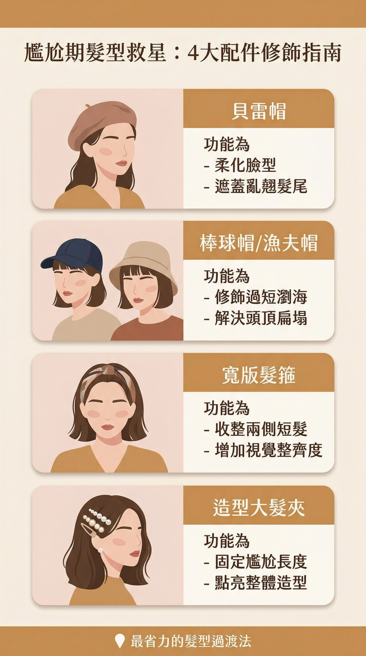 尷尬期髮型修飾配件圖解：貝雷帽、棒球帽、寬版髮箍、造型髮夾的使用時機與修飾效果總結。