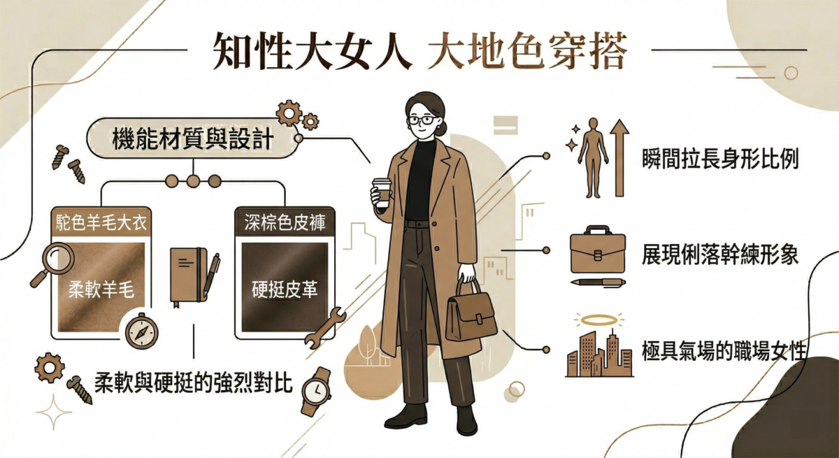 大衣的柔軟與皮褲的硬挺形成強烈對比，能瞬間拉長身形比例，展現出俐落、幹練且極具氣場的職場女性形象。