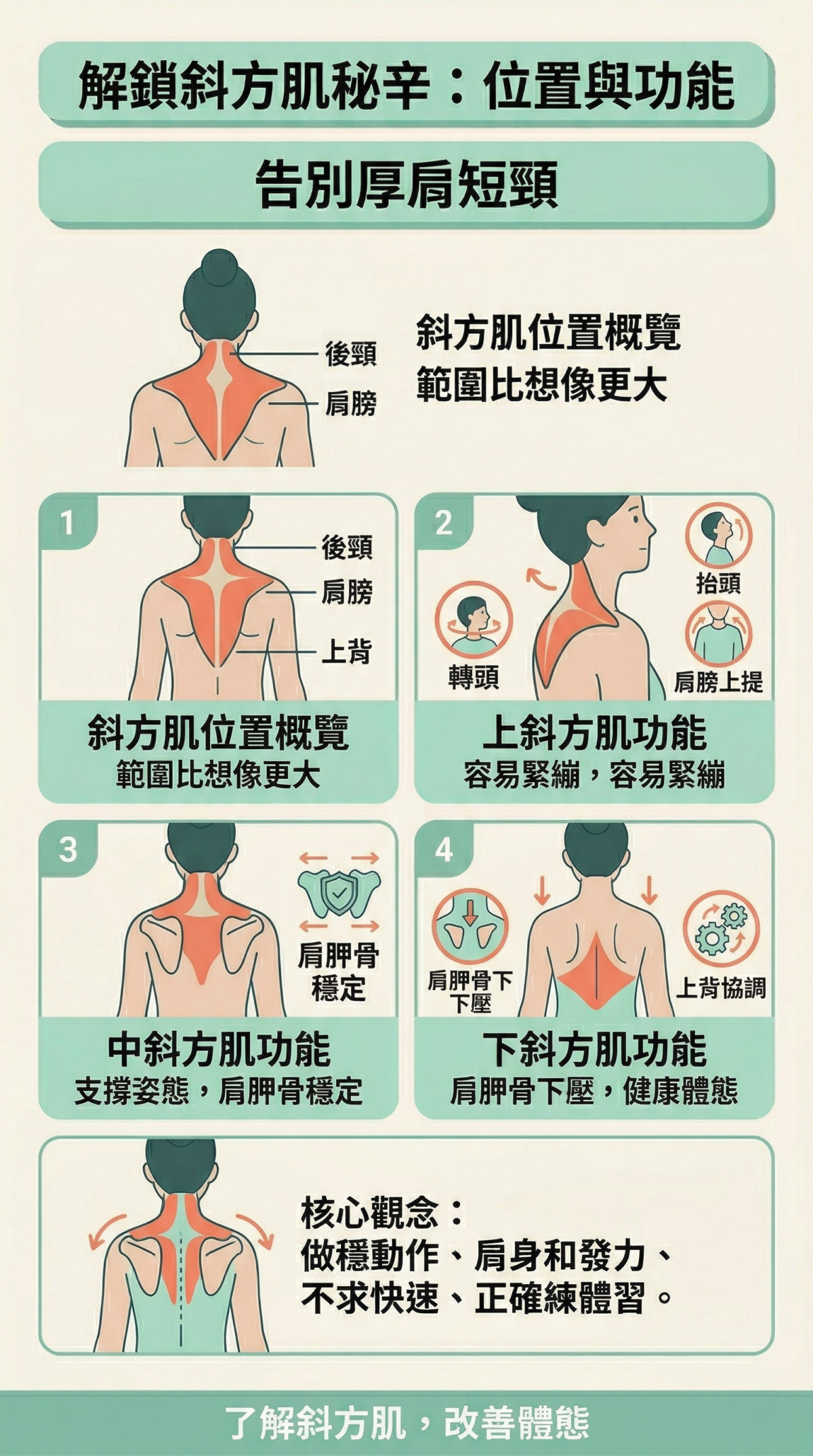 斜方肌位置與功能示意圖，標示上斜方肌（抬頭與提肩）、中斜方肌（穩定肩胛骨）及下斜方肌（下壓肩胛骨與上背協調）的範圍。