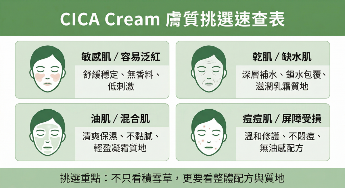 CICA cream 適合膚質挑選指南資訊圖表，包含敏感肌、乾肌、油肌與痘痘肌的積雪草面霜功效、建議質地與挑選重點對照表。