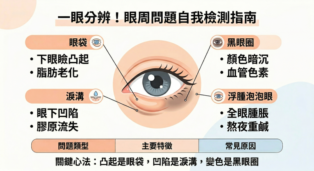 眼袋淚溝黑眼圈區別對照圖:視覺化呈現眼下凸起(眼袋)、凹陷(淚溝)、暗沉(黑眼圈)與暫時性浮腫的特徵差異,幫助讀者快速判斷眼周問題成因。