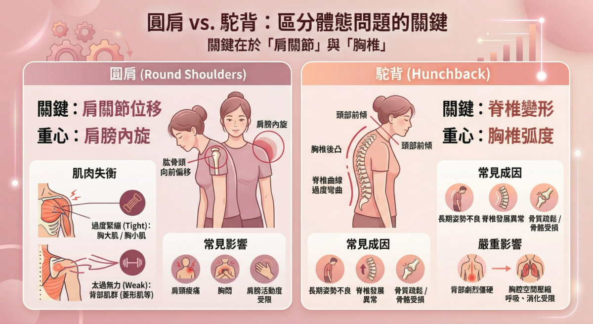 圓肩與駝背常被混為一談，因為兩者常伴隨出現（形成「上交叉綜合症」），但它們在解剖學上的本質完全不同。