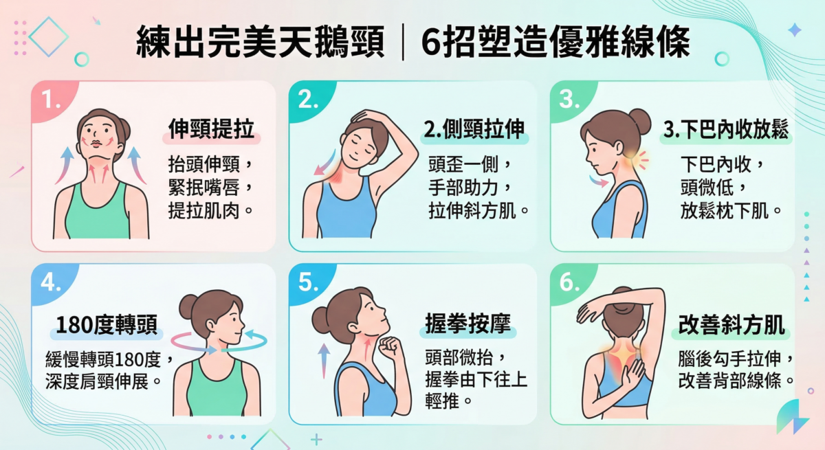 這是一張標題為「練出完美天鵝頸」的資訊圖表，透過六個插圖步驟（如伸頸提拉、側頸拉伸、改善斜方肌等）展示如何藉由伸展與按摩動作來塑造優雅的頸部線條。