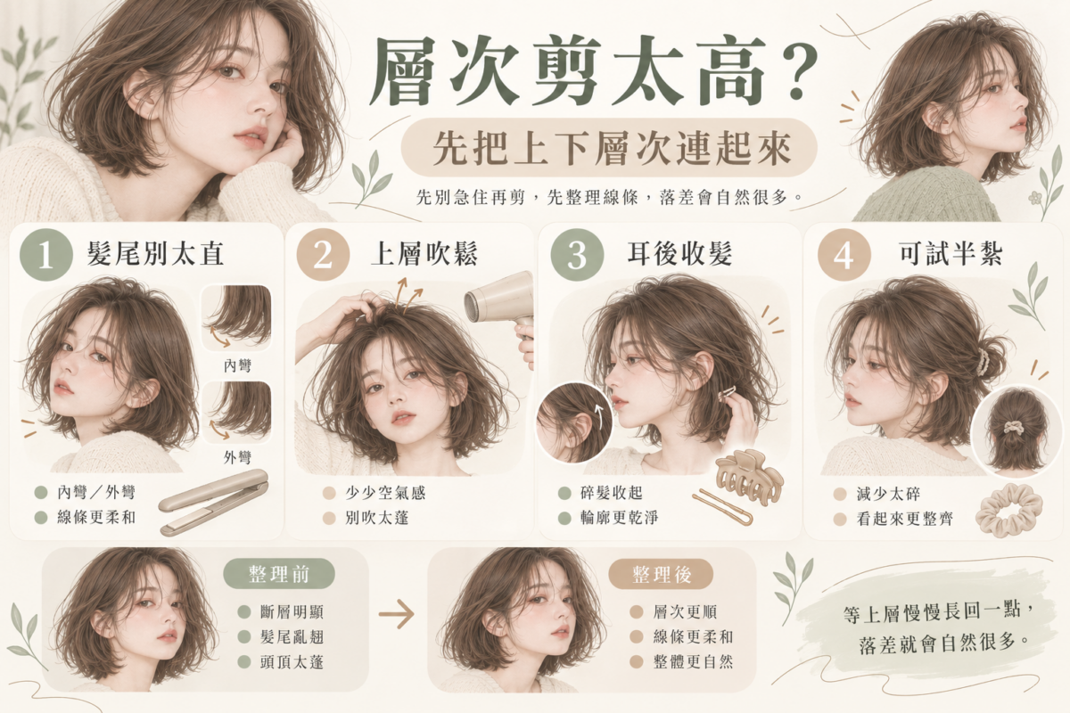 層次剪太高補救圖解,示範髮尾內外彎、上層吹鬆、耳後收髮及半紮,令層次線條看起來更順。