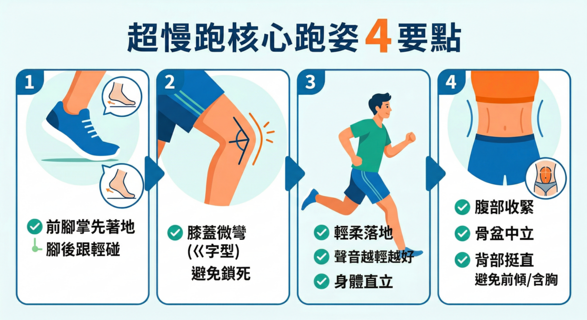 這張教學圖示說明了超慢跑的 4 個核心跑姿要點：1. 前腳掌先著地、2. 膝蓋微彎不鎖死、3. 輕柔落地身體直立、4. 腹部收緊背部挺直。