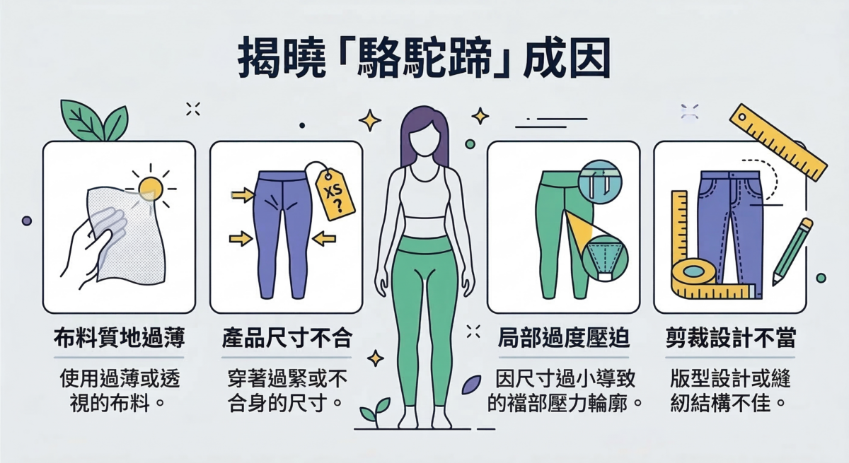 這是一張關於「揭曉『駱駝蹄』成因」的資訊圖表，列出了布料過薄、尺寸不合、局部壓迫及剪裁不當的主要因素。