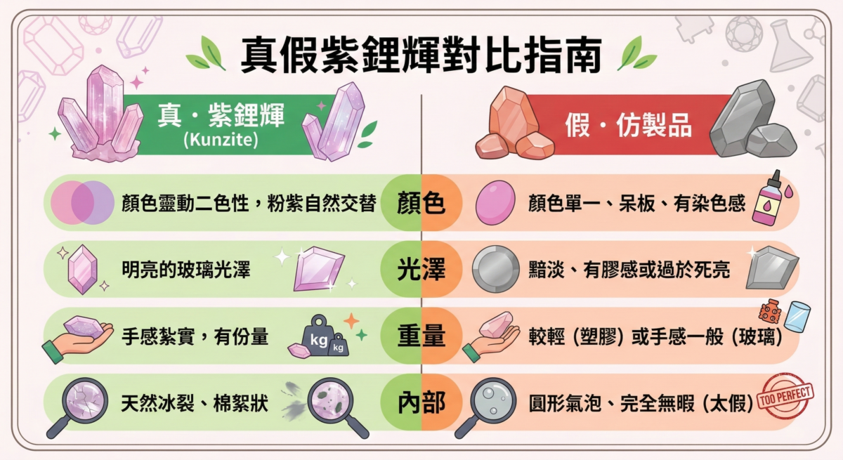 真假紫鋰輝石對比指南資訊圖表，列出顏色二色性、玻璃光澤、重量感及天然冰裂紋等鑑定特徵，區分天然與仿製品。
