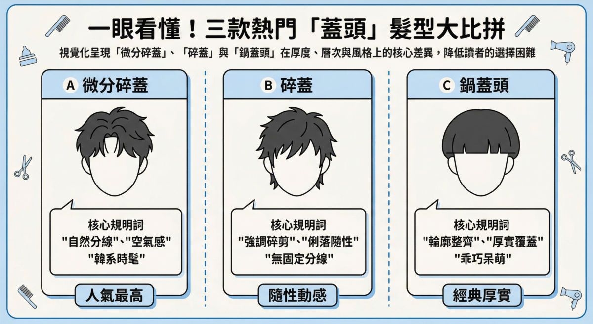 微分碎蓋、碎蓋與鍋蓋頭三種男士髮型比較圖，展示韓系自然分線、碎剪層次與傳統厚重蓋頭的風格差異與修飾重點。