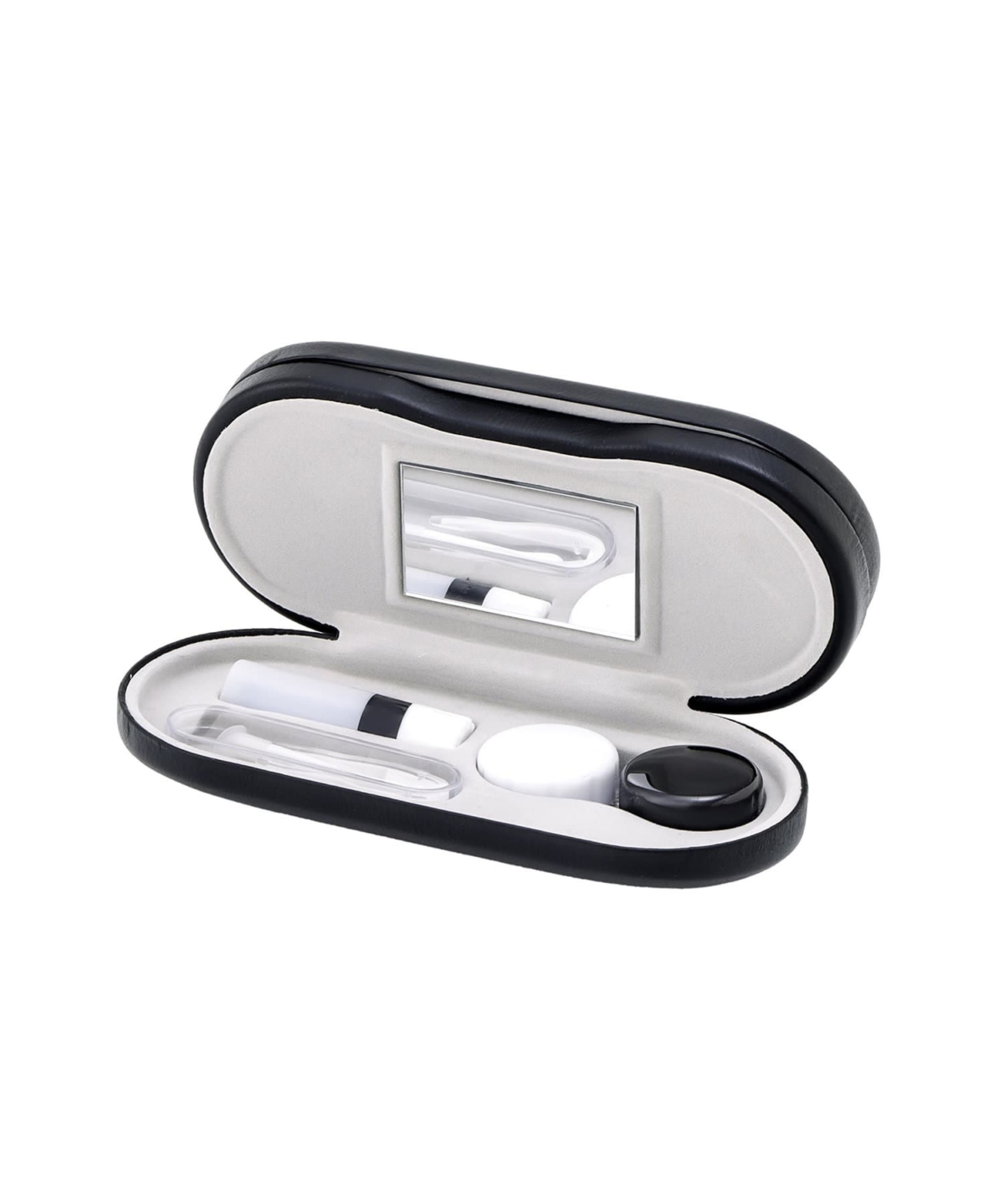 這款設計在於一體兩面，一邊讓你放框架眼鏡，另一邊打開則是全套的隱眼配件包，連鏡子、小鑷子、配戴棒和保存盒都幫你準備好了。