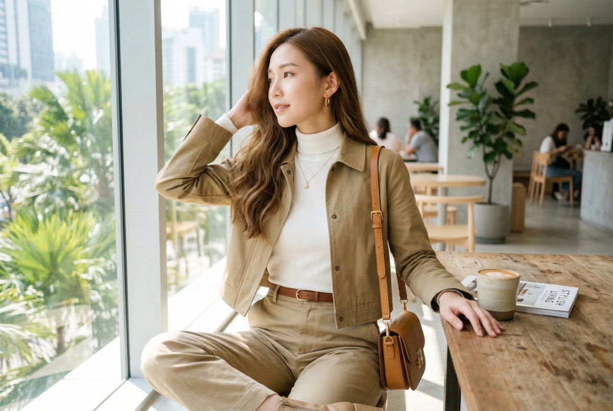 卡其色穿搭想避免顯土，關鍵在於選對俐落版型、拉出腰線，再用簡單但有重點的配件提升整體層次感。