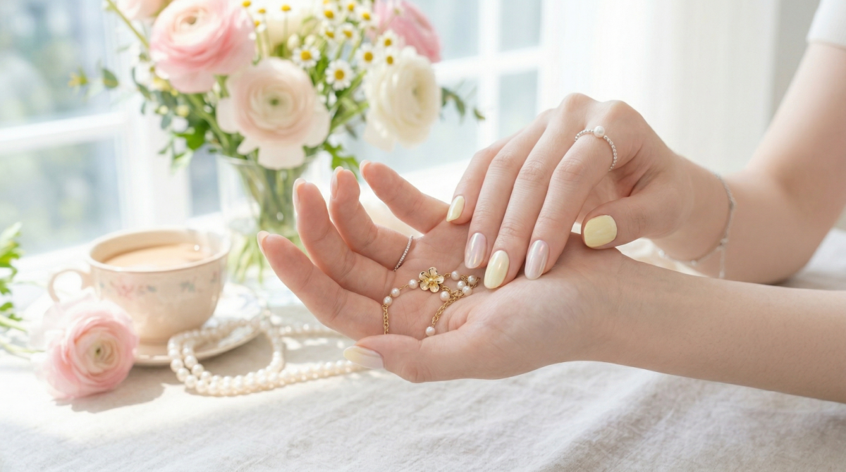 這款美甲展現了極致的極簡高級感，採用了左右手非對稱的跳色設計，將明亮的奶油黃與清透的裸粉色優雅揉合。