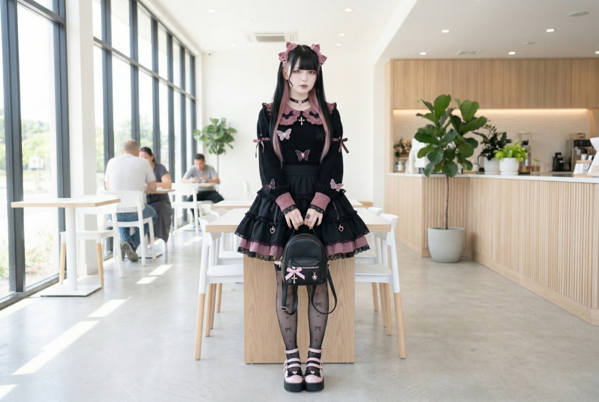 地雷系穿搭的重點,是用粉黑配色、蕾絲蝴蝶結與厚底鞋,把甜美、冷感和微暗黑感穿在一起。