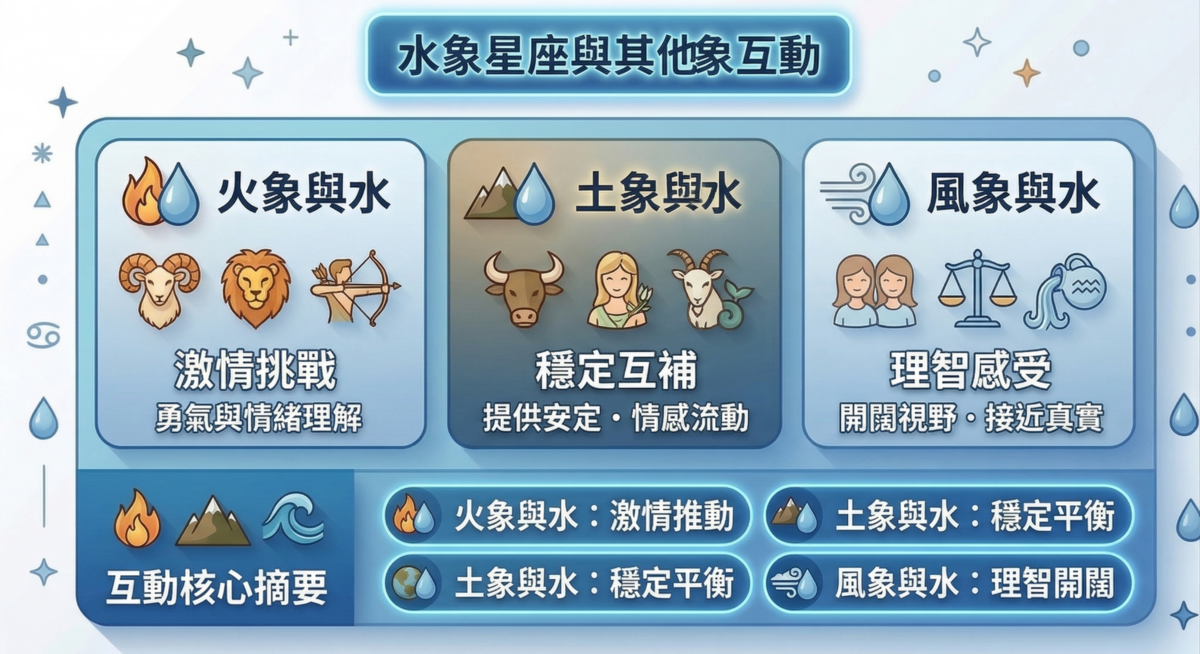 水象星座與火象、土象、風象星座的配對互動圖：分析水火的激情挑戰、水土的穩定互補以及水風的理智感性平衡關係。