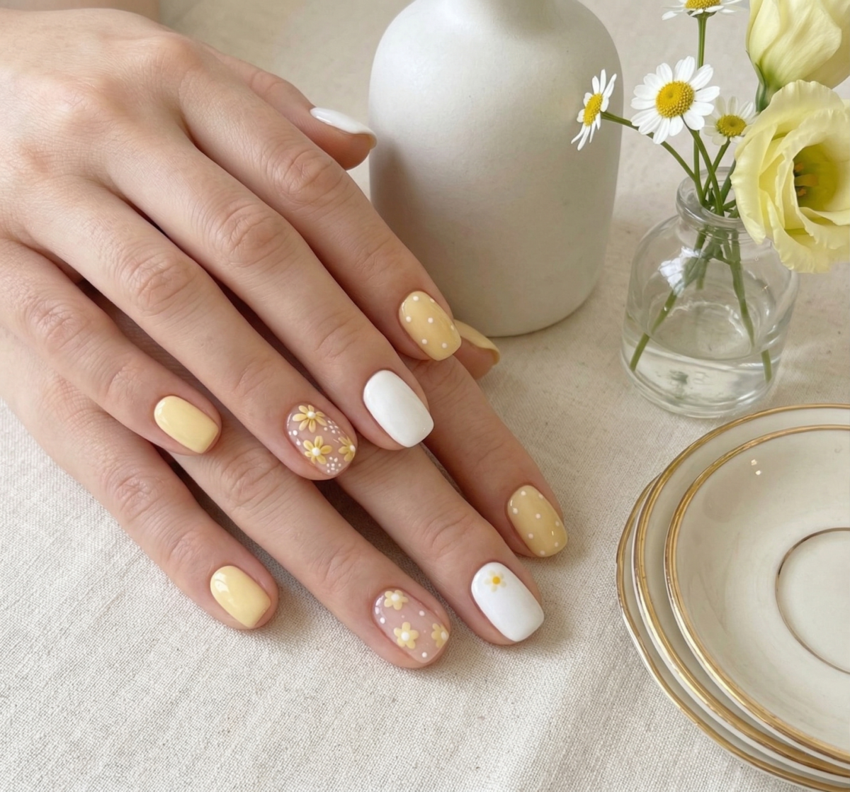 這款設計將溫柔的「奶油小雞黃」與純淨白色優雅跳色，指尖瞬間充滿明亮的春日氣息。