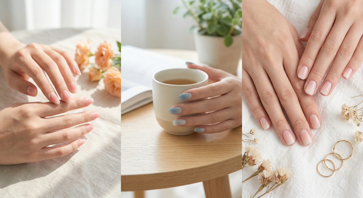 溫柔漸層暈染美甲以自然柔化的色彩過渡帶出柔和層次，不但耐看顯白，也有修飾手型的效果。