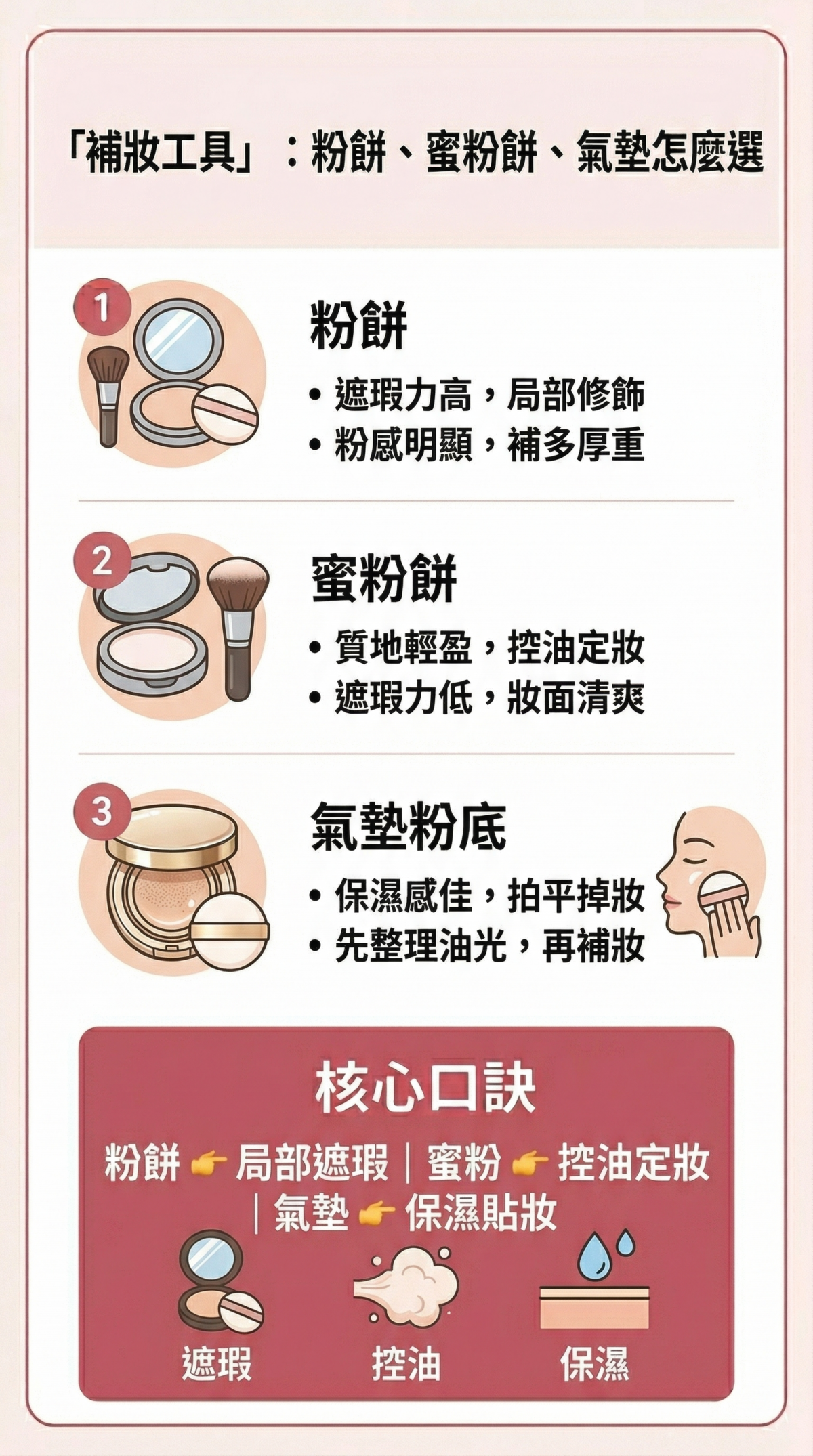 補妝產品比較表：對比粉餅的高遮瑕、蜜粉餅的控油定妝、以及氣墊粉底的保濕服貼特性，幫助使用者根據膚況選擇適合的補妝工具。