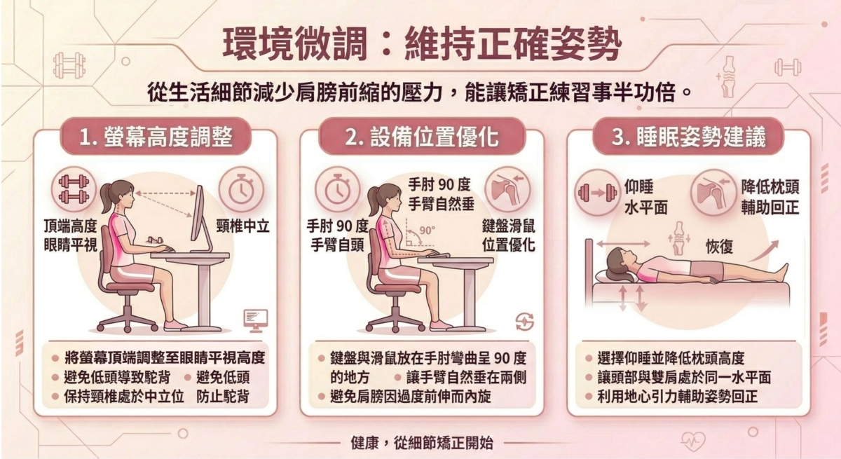 從生活細節減少肩膀前縮的壓力，能讓矯正練習事半功倍。